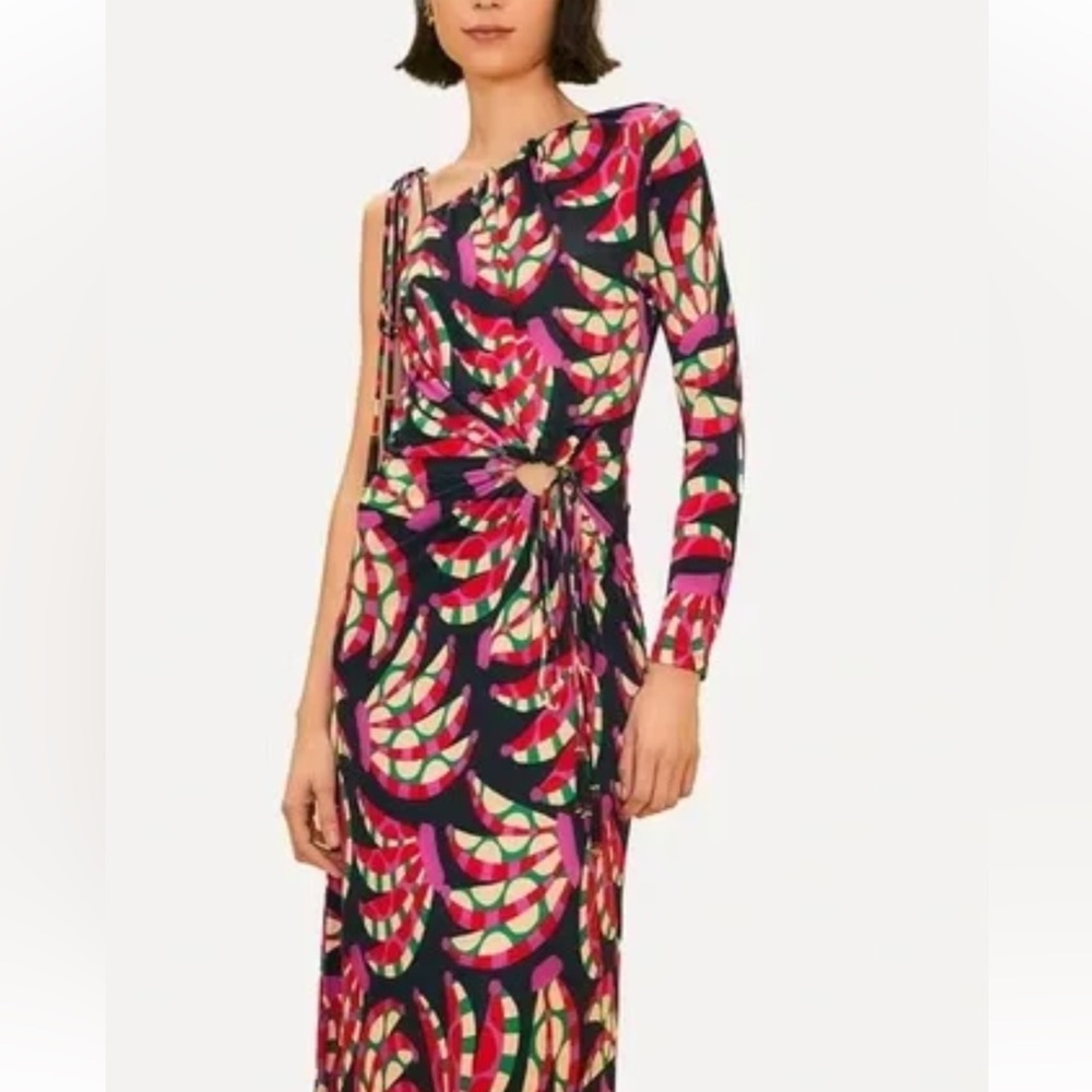 Farm Rio Black Banana Dots One-Shoulder Midi Dress